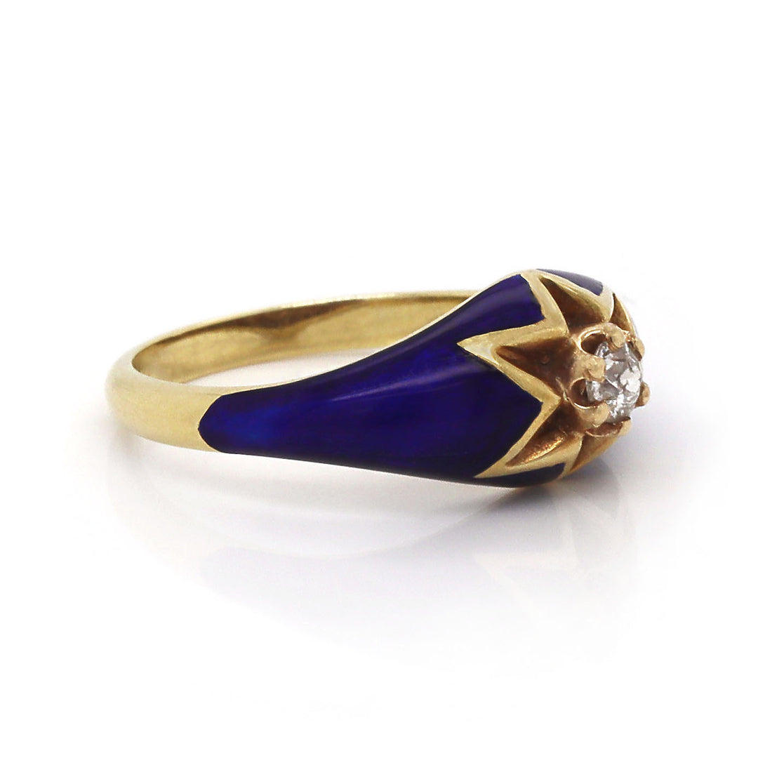 14CT Yellow Gold Victorian Blue Enamel And Diamond Ring