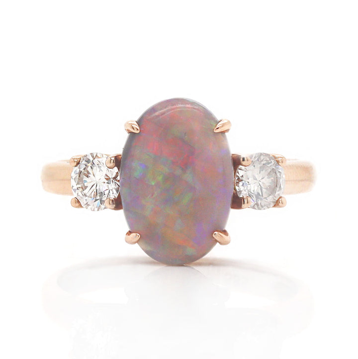 14CT Rose Gold Australian Opal And Diamond Trilogy Ring