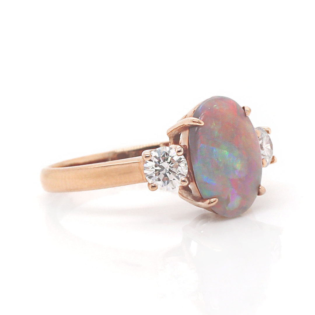 14CT Rose Gold Australian Opal And Diamond Trilogy Ring