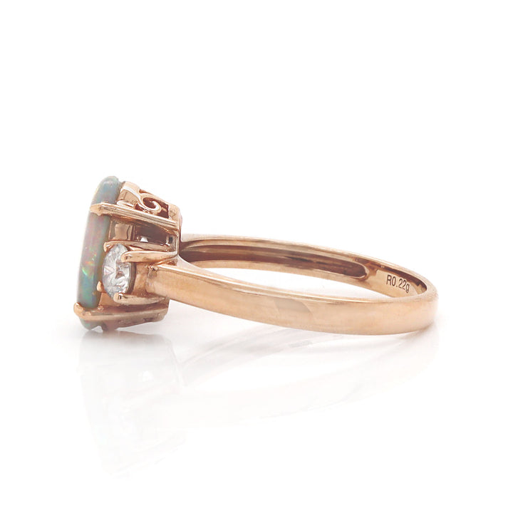 14CT Rose Gold Australian Opal And Diamond Trilogy Ring