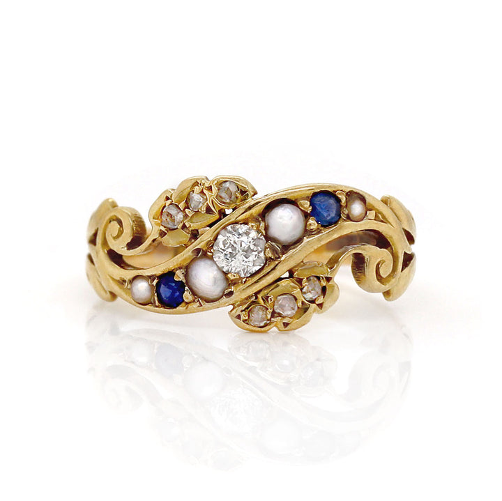 18CT Yellow Gold Antique Sapphire, Pearl and Diamond Ring