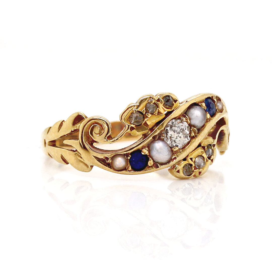 18CT Yellow Gold Antique Sapphire, Pearl and Diamond Ring