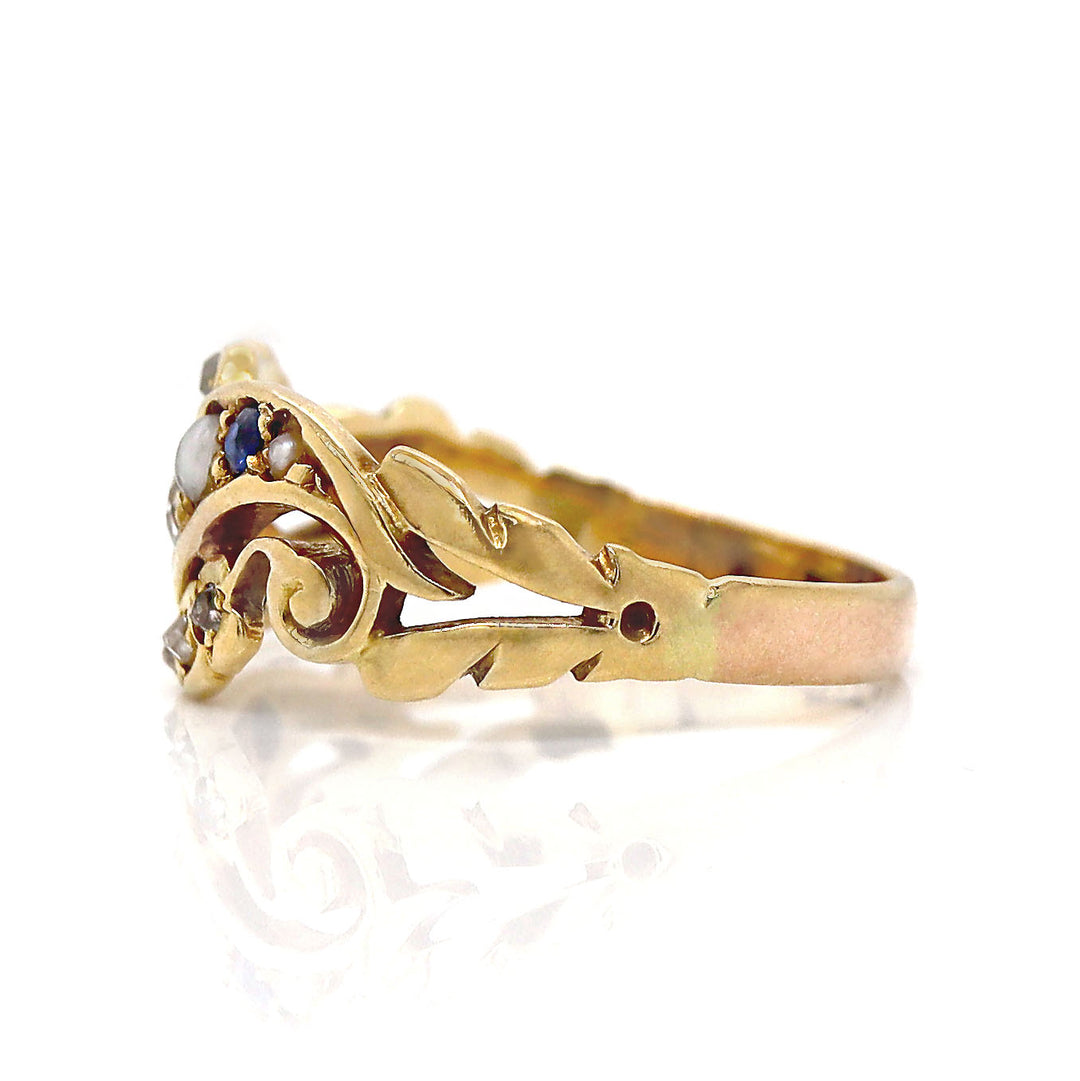 18CT Yellow Gold Antique Sapphire, Pearl and Diamond Ring