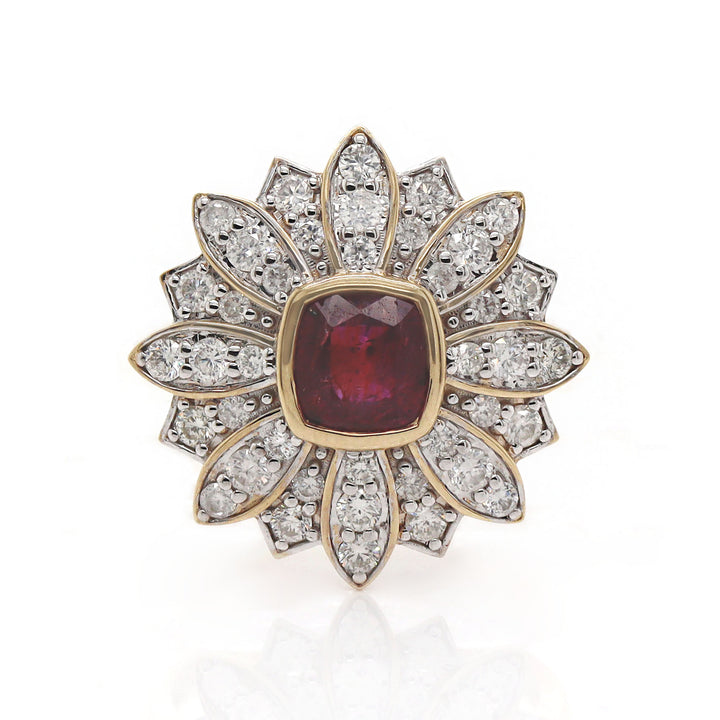 14CT Yellow Gold No Heat Ruby And Diamond Floral Ring