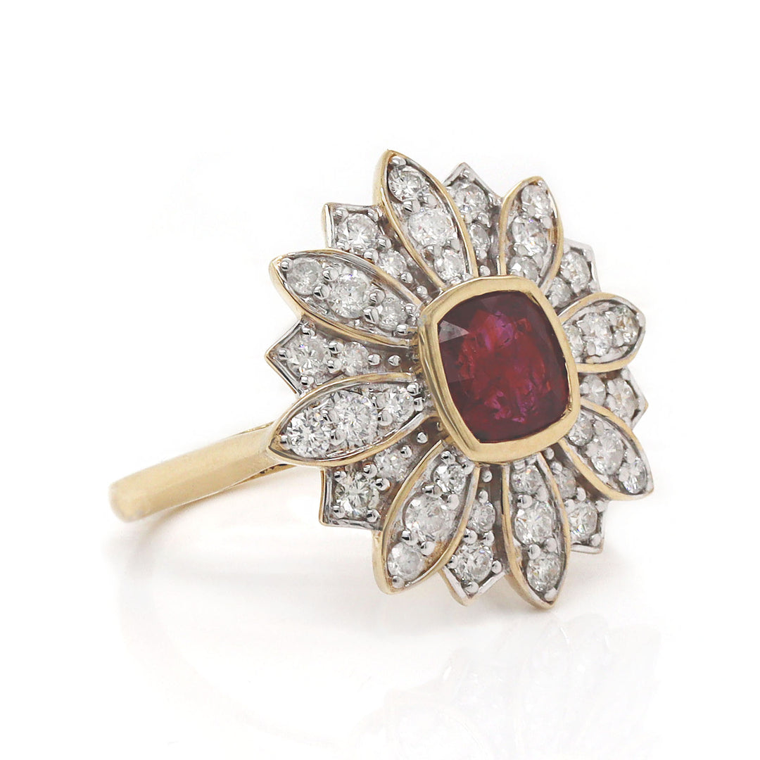 14CT Yellow Gold No Heat Ruby And Diamond Floral Ring