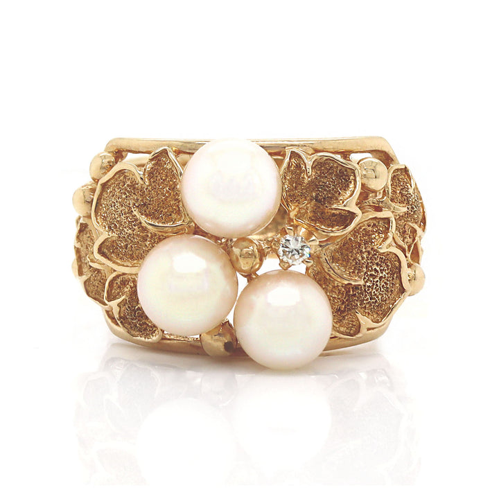 14CT Yellow Gold Vintage Pearl & Diamond Foliage Ring