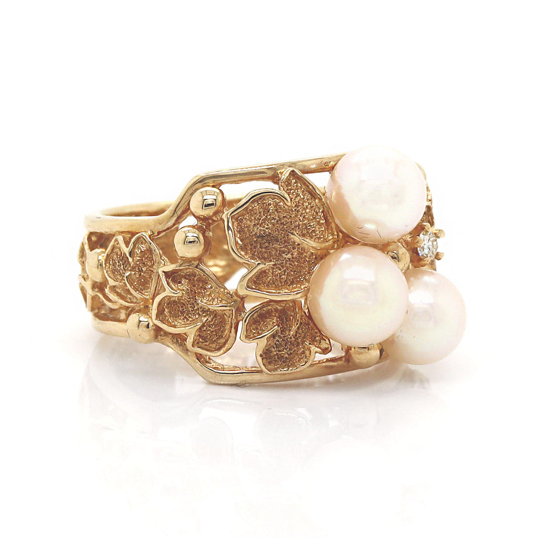 14CT Yellow Gold Vintage Pearl & Diamond Foliage Ring