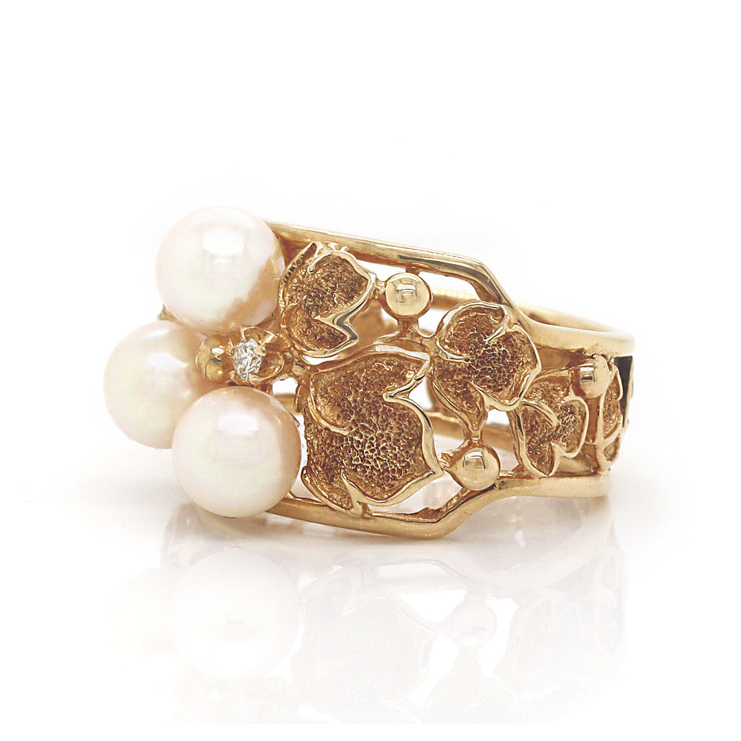 14CT Yellow Gold Vintage Pearl & Diamond Foliage Ring