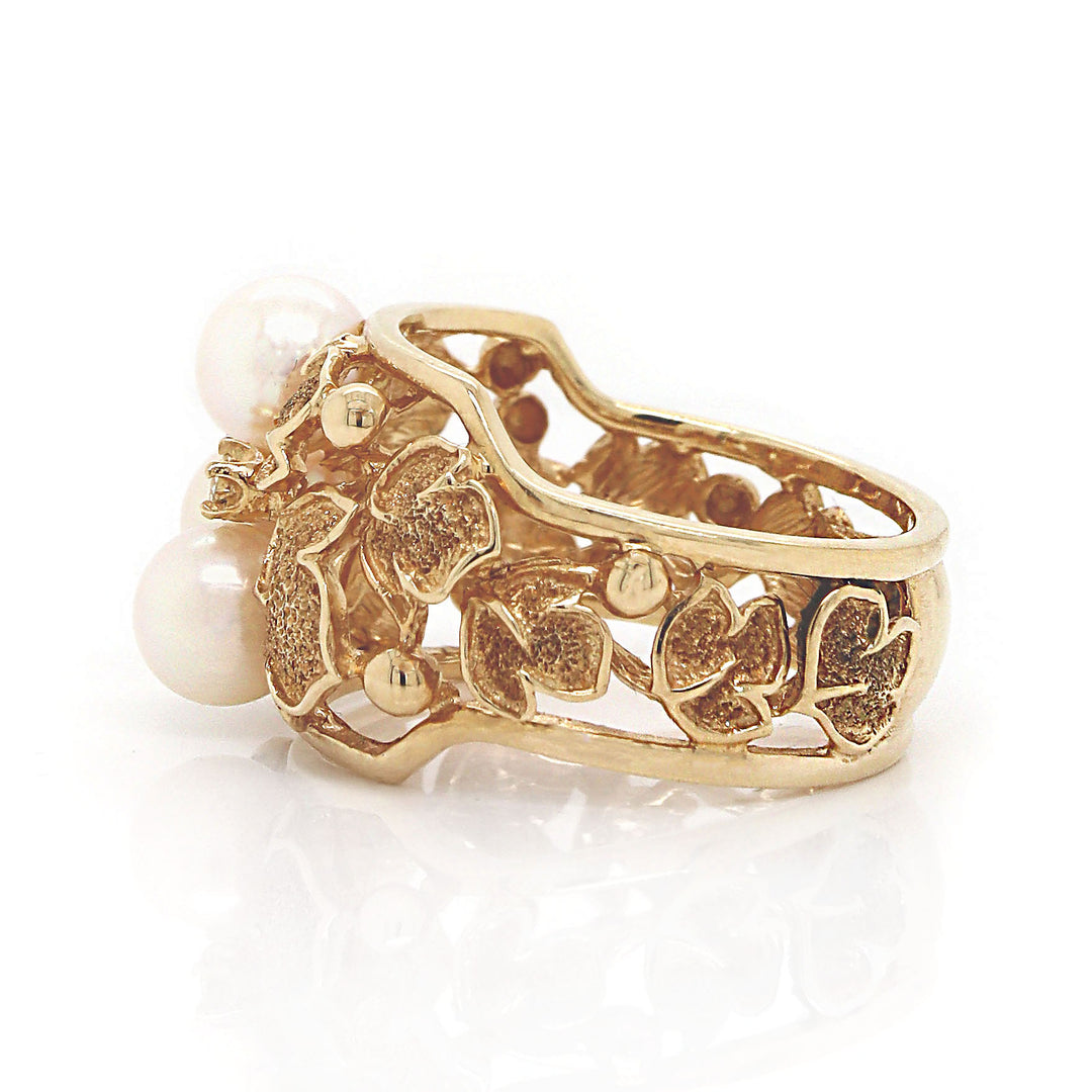 14CT Yellow Gold Vintage Pearl & Diamond Foliage Ring