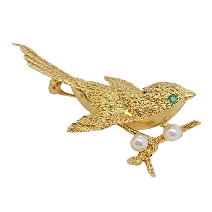 14CT Yellow Gold Emerald And Pearl Bird Brooch By David Trabich