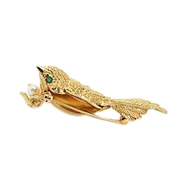 14CT Yellow Gold Emerald And Pearl Bird Brooch By David Trabich