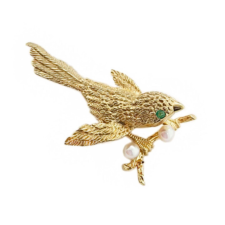 14CT Yellow Gold Emerald And Pearl Bird Brooch By David Trabich