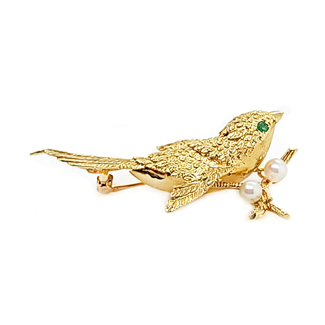 14CT Yellow Gold Emerald And Pearl Bird Brooch By David Trabich