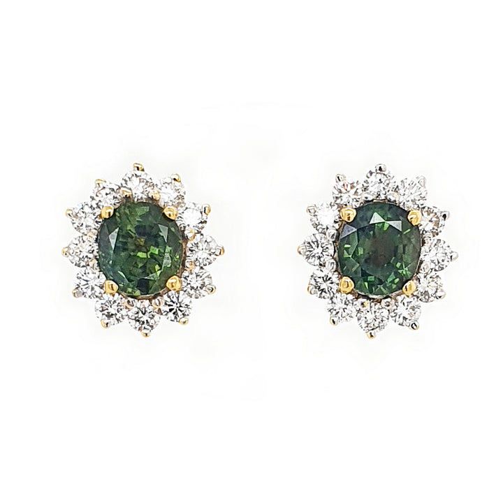 18CT Yellow White Gold Green Sapphire And Diamond Earrings