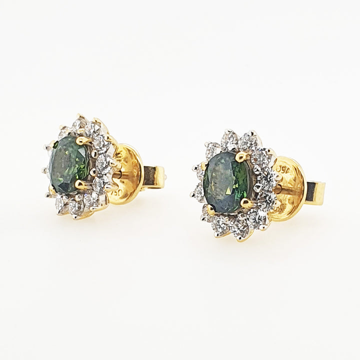 18CT Yellow White Gold Green Sapphire And Diamond Earrings