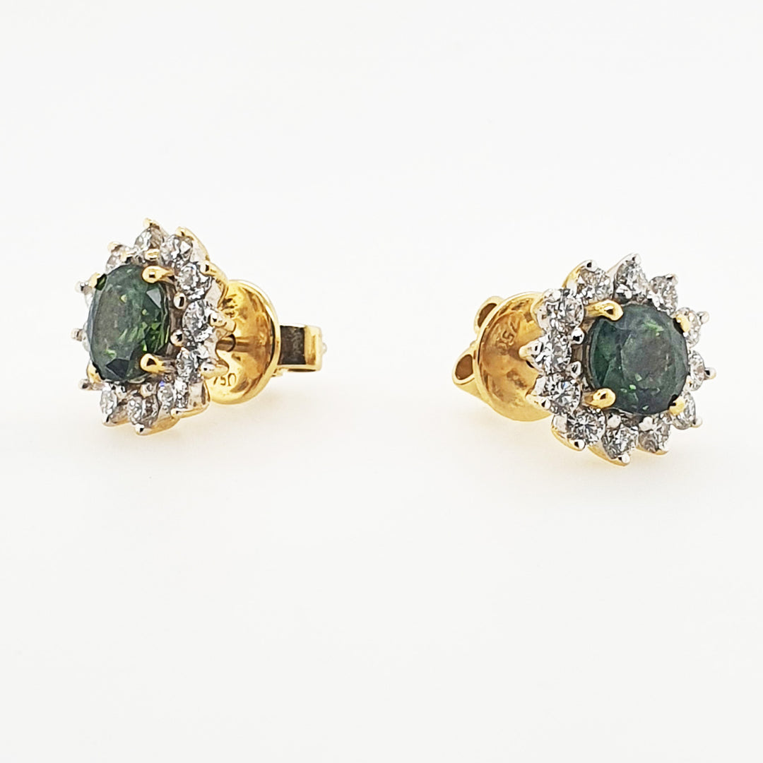 18CT Yellow White Gold Green Sapphire And Diamond Earrings