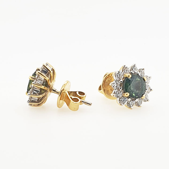 18CT Yellow White Gold Green Sapphire And Diamond Earrings