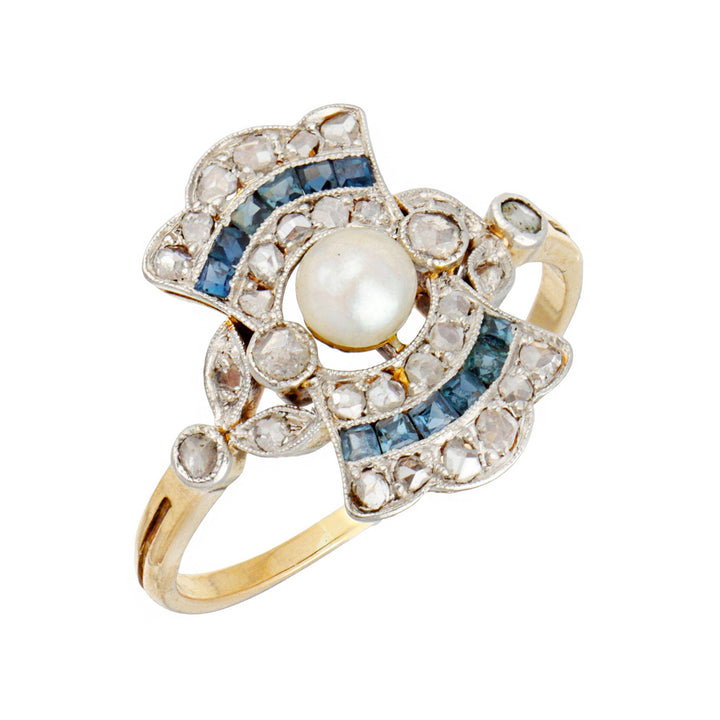 14CT Yellow Gold and Platinum Art Deco Sapphire Pearl Diamond Ring