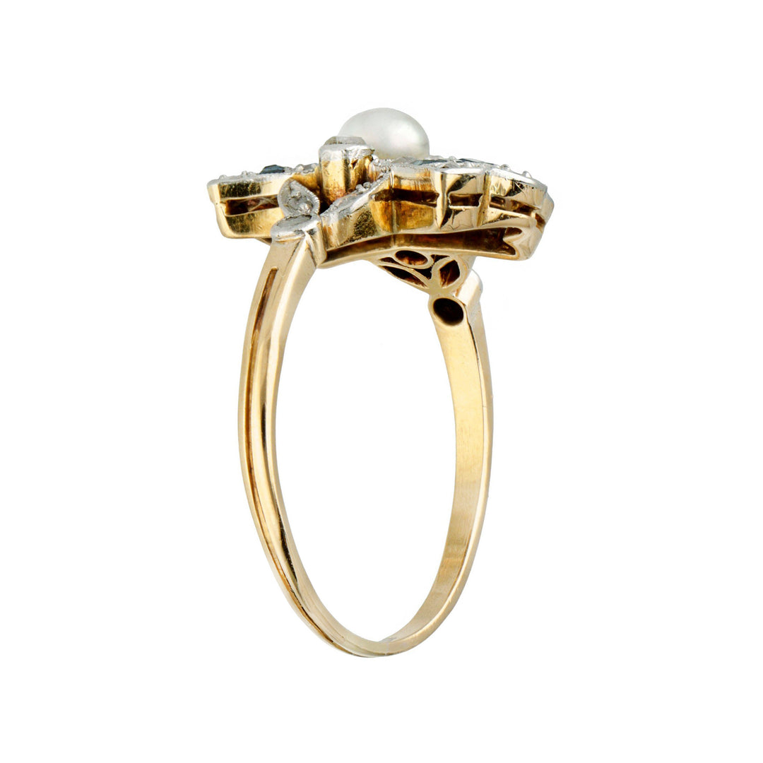 14CT Yellow Gold and Platinum Art Deco Sapphire Pearl Diamond Ring