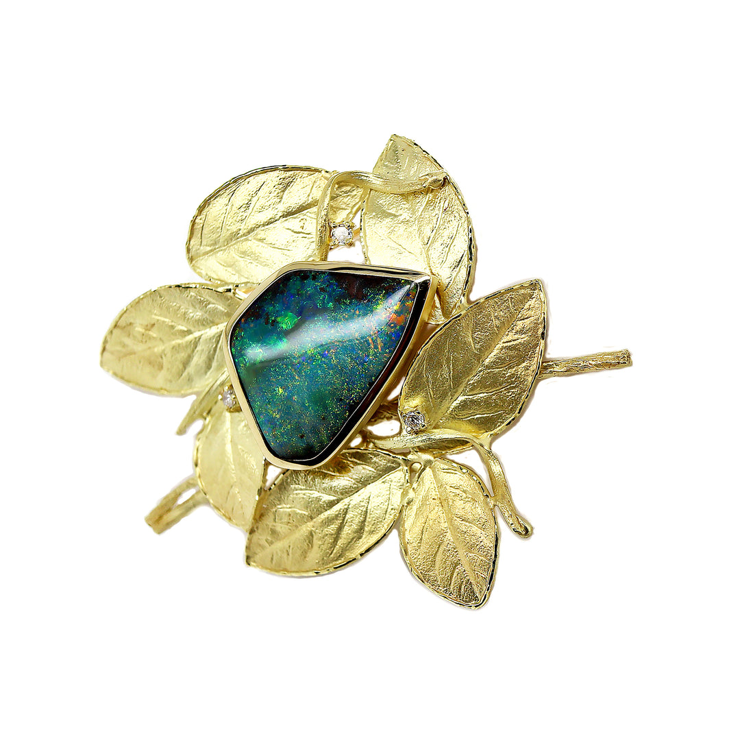 18CT Yellow Gold Australian Opal & Diamond Leaf Brooch