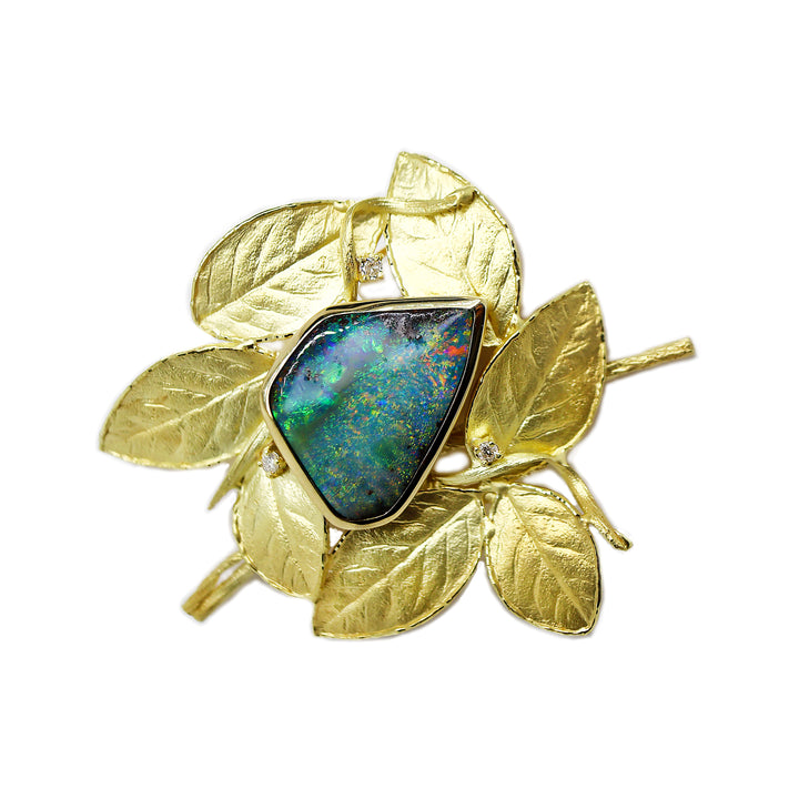 18CT Yellow Gold Australian Opal & Diamond Leaf Brooch