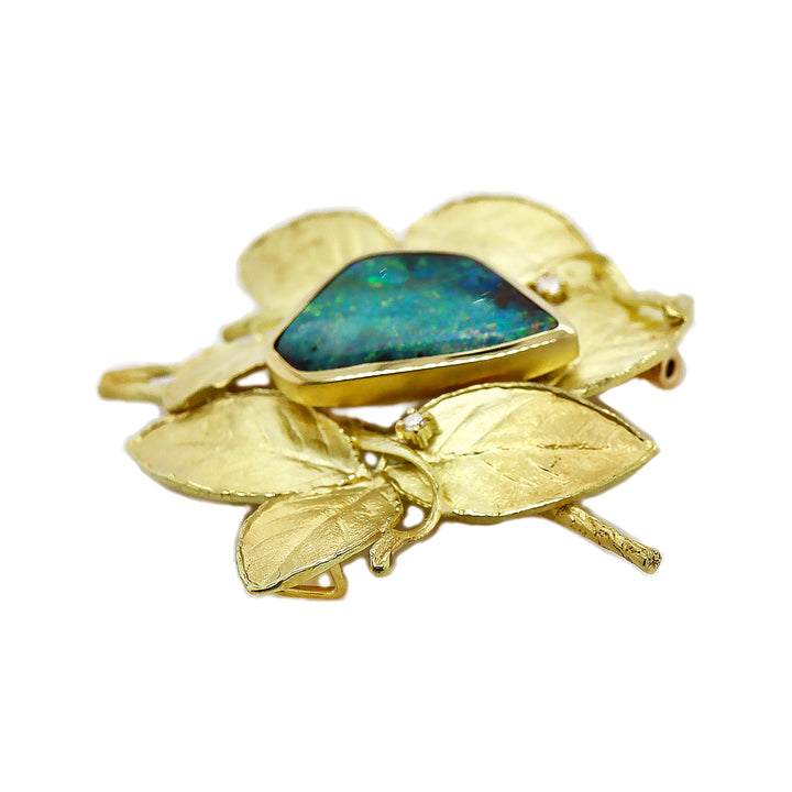 18CT Yellow Gold Australian Opal & Diamond Leaf Brooch