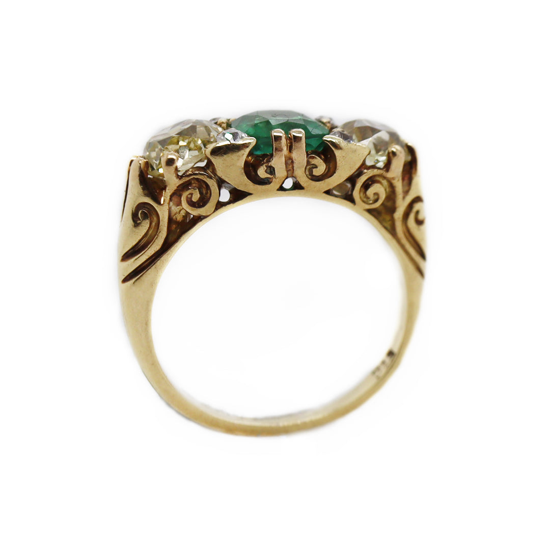 18CT Yellow Gold Antique Emerald And Old European Cut Diamond Ring