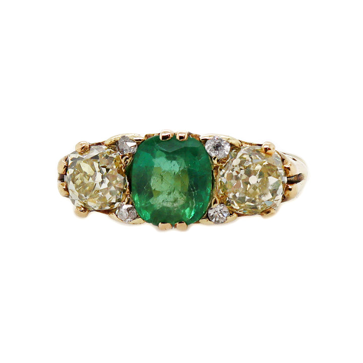 18CT Yellow Gold Antique Emerald And Old European Cut Diamond Ring