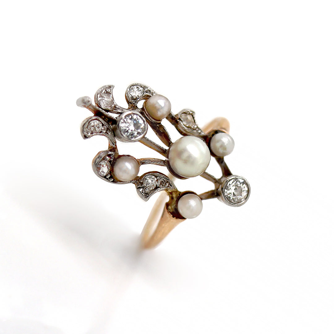 Gold Pearl With Old European Cut Diamond And Old Mine Cut Diamond Edwardian Dress Ring