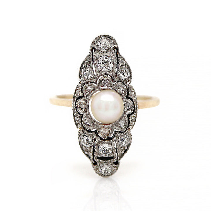 14ct Yellow Gold & Platinum Edwardian Pearl and Diamond Antique Dress Ring