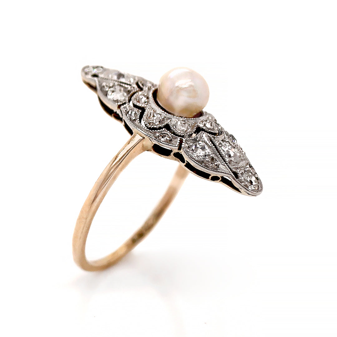 14ct Yellow Gold & Platinum Edwardian Pearl and Diamond Antique Dress Ring