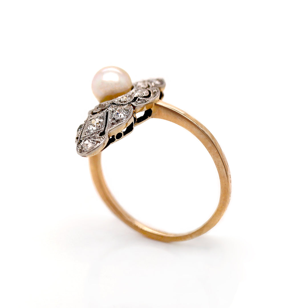 14ct Yellow Gold & Platinum Edwardian Pearl and Diamond Antique Dress Ring