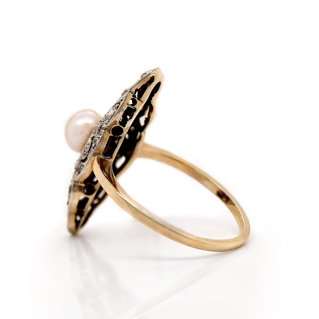 14ct Yellow Gold & Platinum Edwardian Pearl and Diamond Antique Dress Ring