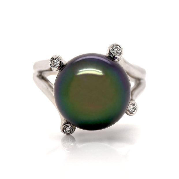 Platinum Tahitian Pearl And Diamond Cocktail Ring