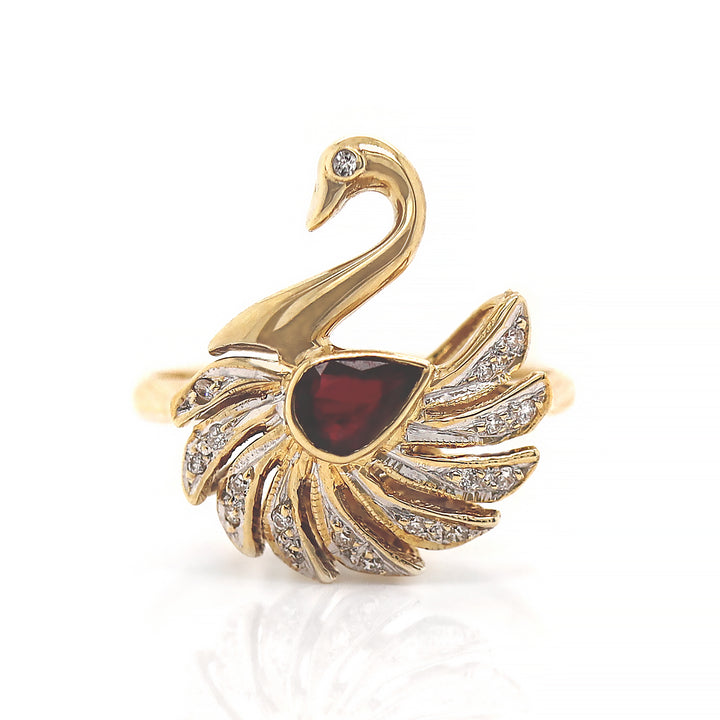 18CT Yellow Gold Ruby & Diamond Swan Ring