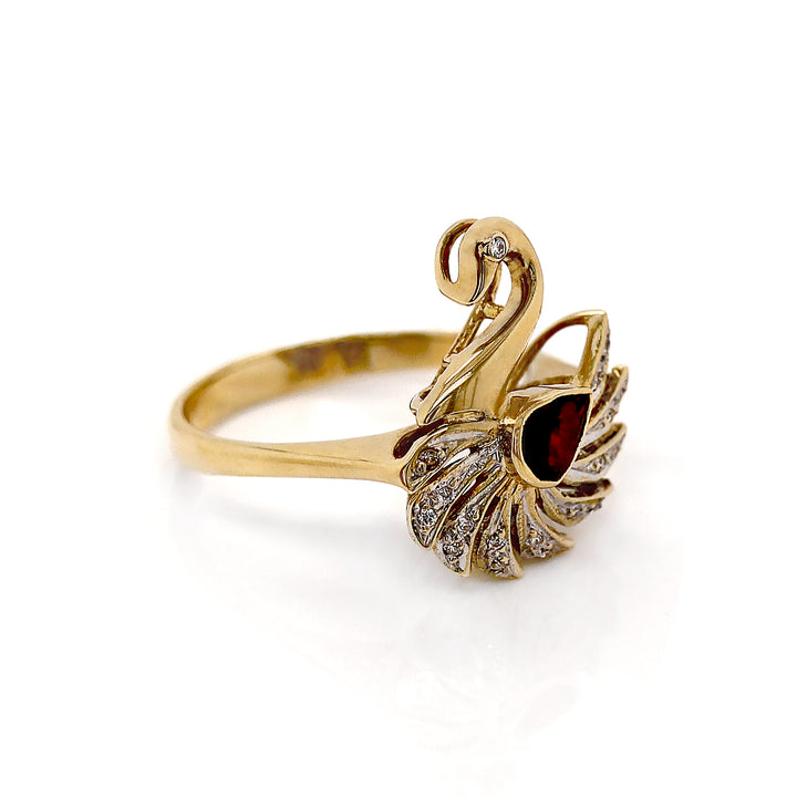 18CT Yellow Gold Ruby & Diamond Swan Ring