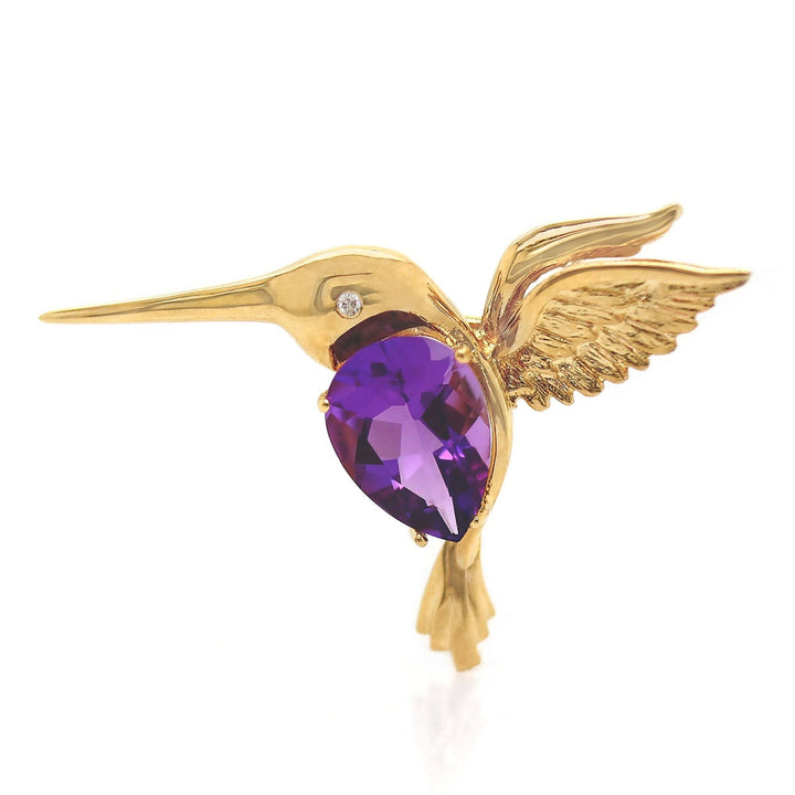 18CT Yellow Gold Amethyst And Diamond Hummingbird Convertible Pendant Brooch