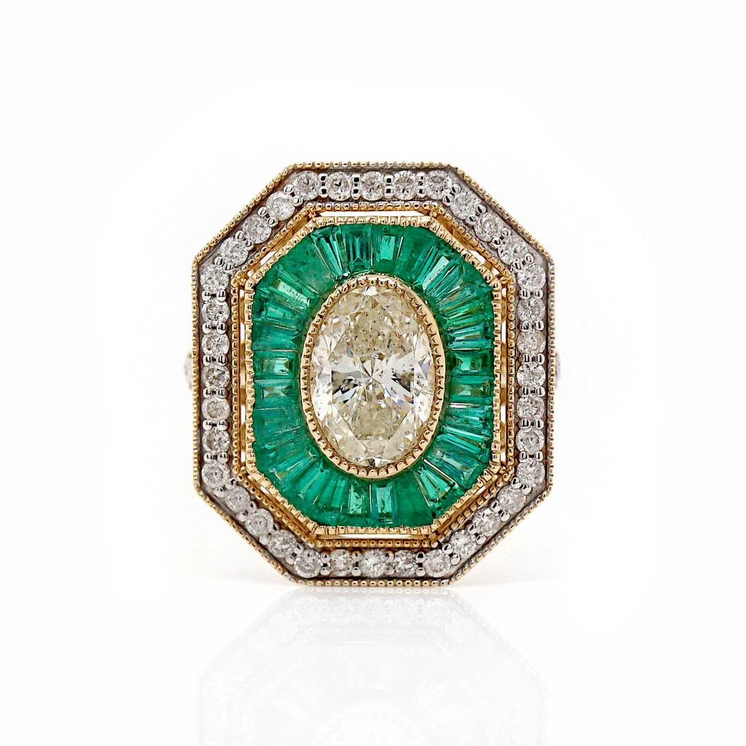 14CT Yellow Gold Colombian Emerald And Diamond Art Deco Cocktail Ring