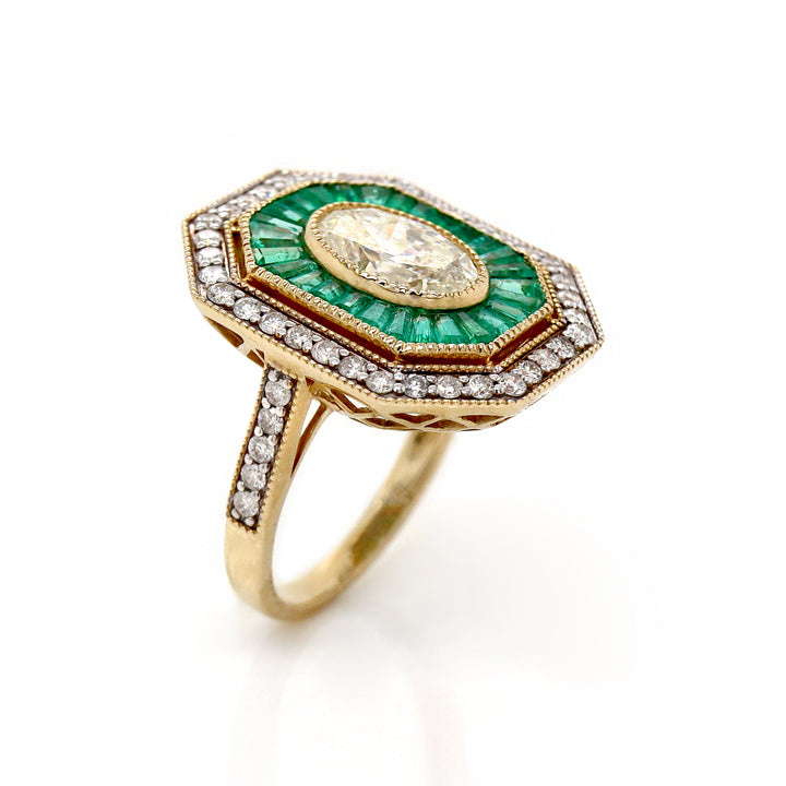 14CT Yellow Gold Colombian Emerald And Diamond Art Deco Cocktail Ring