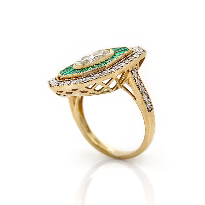 14CT Yellow Gold Colombian Emerald And Diamond Art Deco Cocktail Ring