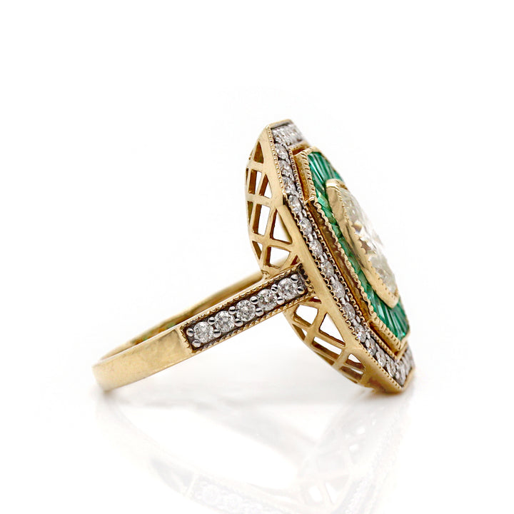 14CT Yellow Gold Colombian Emerald And Diamond Art Deco Cocktail Ring