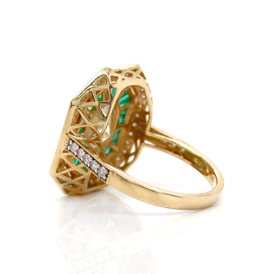 14CT Yellow Gold Colombian Emerald And Diamond Art Deco Cocktail Ring