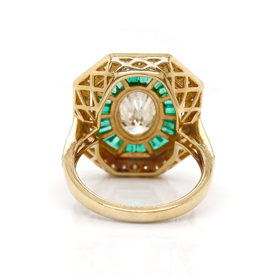 14CT Yellow Gold Colombian Emerald And Diamond Art Deco Cocktail Ring