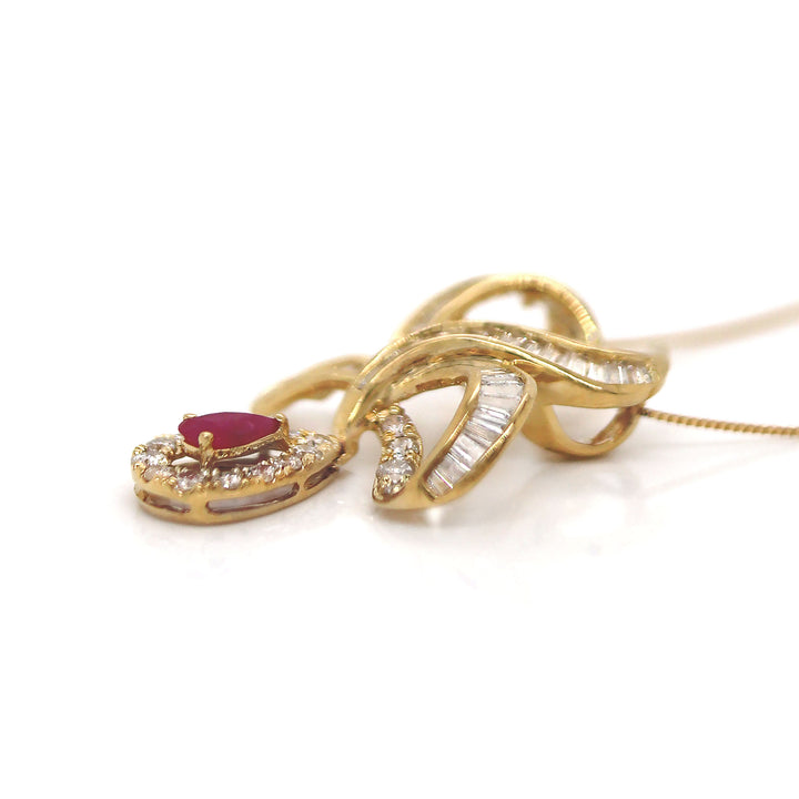 18CT Yellow Gold Ruby And Diamond Pendant With Necklace