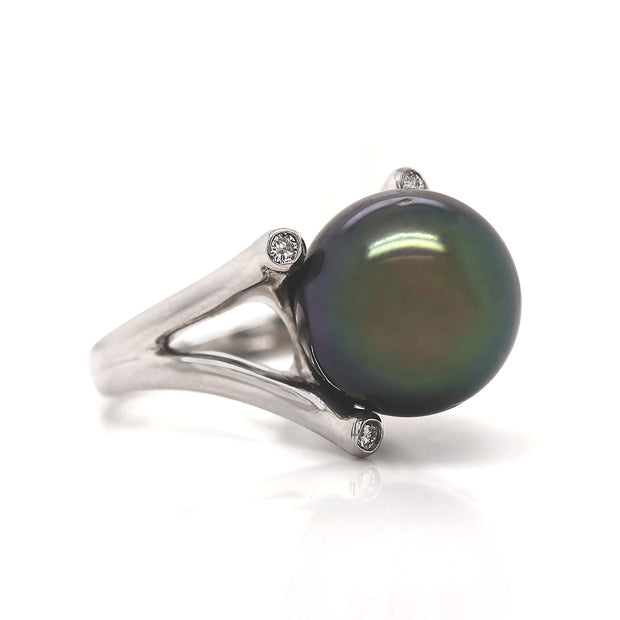 Platinum Tahitian Pearl And Diamond Cocktail Ring