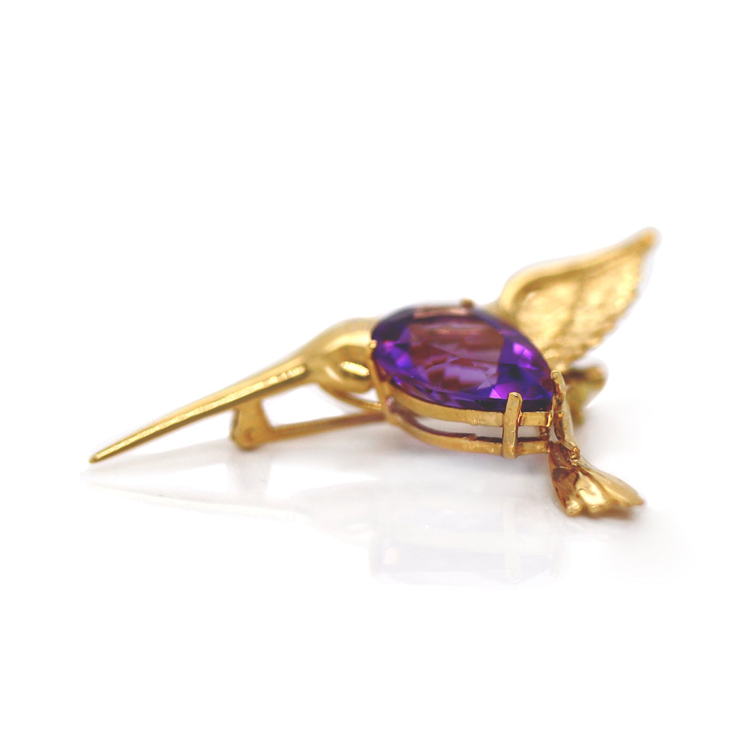 18CT Yellow Gold Amethyst And Diamond Hummingbird Convertible Pendant Brooch