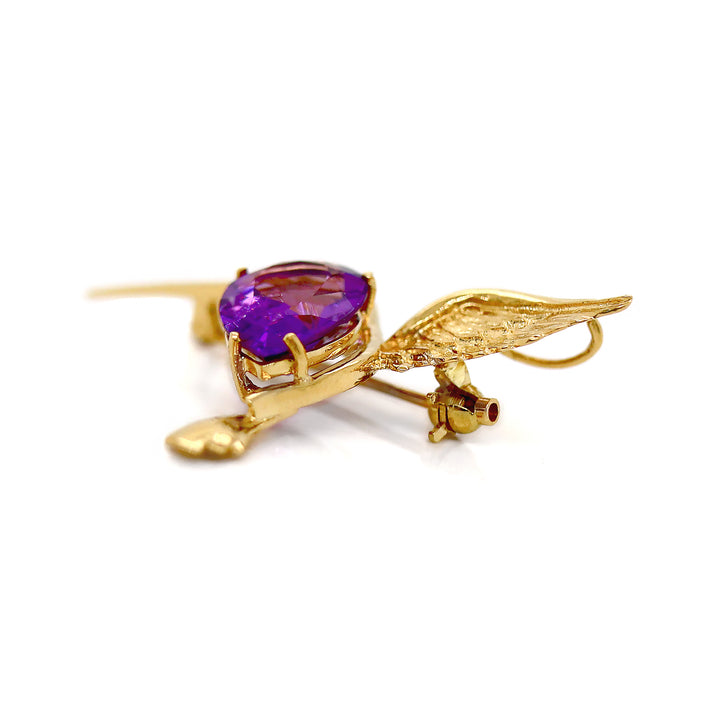 18CT Yellow Gold Amethyst And Diamond Hummingbird Convertible Pendant Brooch