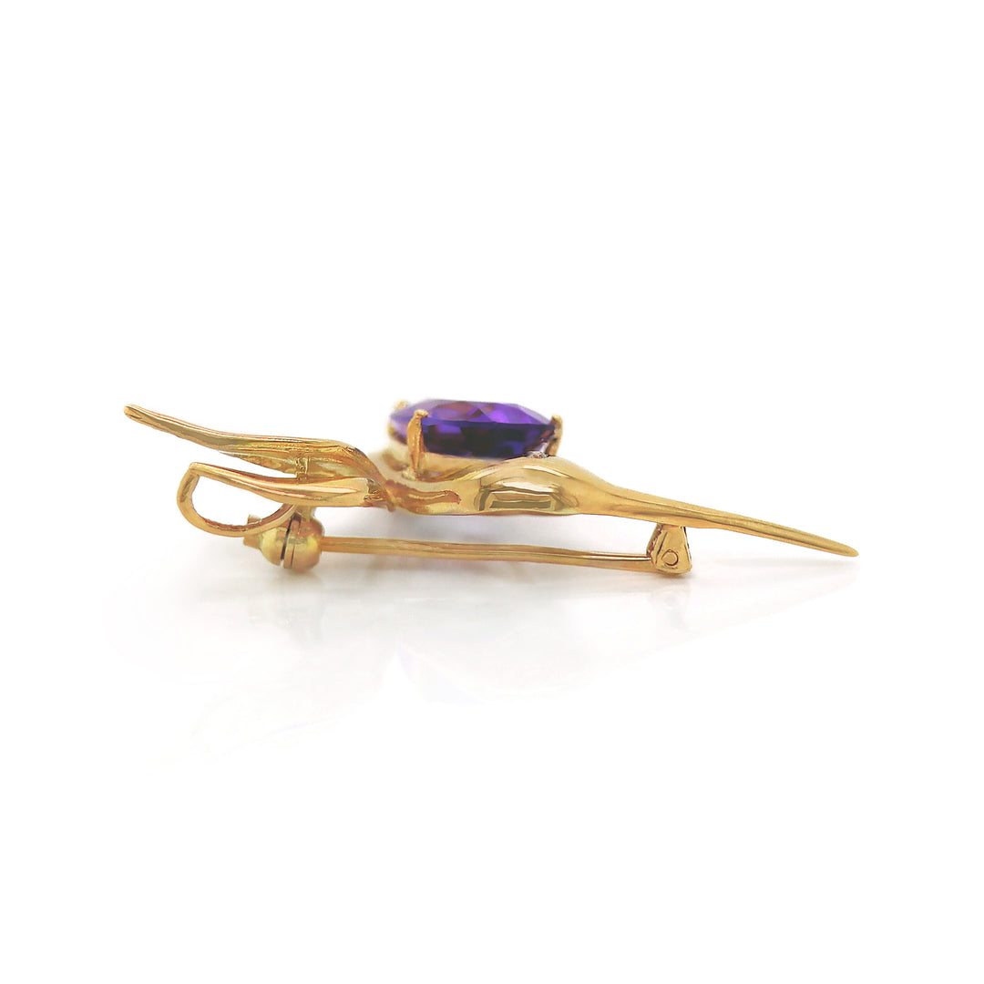 18CT Yellow Gold Amethyst And Diamond Hummingbird Convertible Pendant Brooch