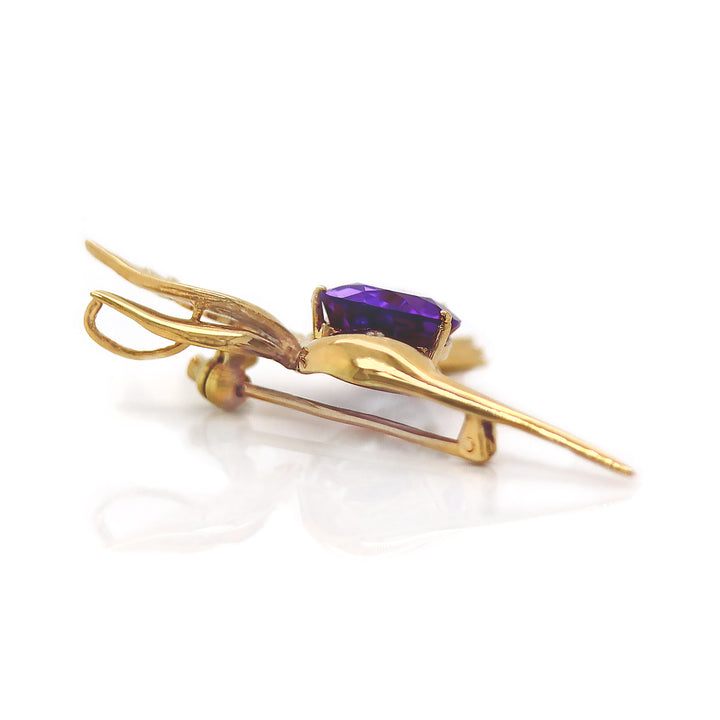 18CT Yellow Gold Amethyst And Diamond Hummingbird Convertible Pendant Brooch