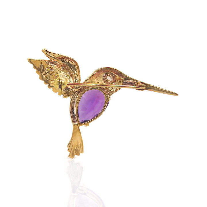 18CT Yellow Gold Amethyst And Diamond Hummingbird Convertible Pendant Brooch